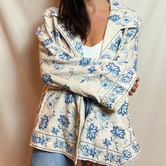 J. Jill Jackets & Coats J Jill Blue Floral Embroidered Linen Jacket